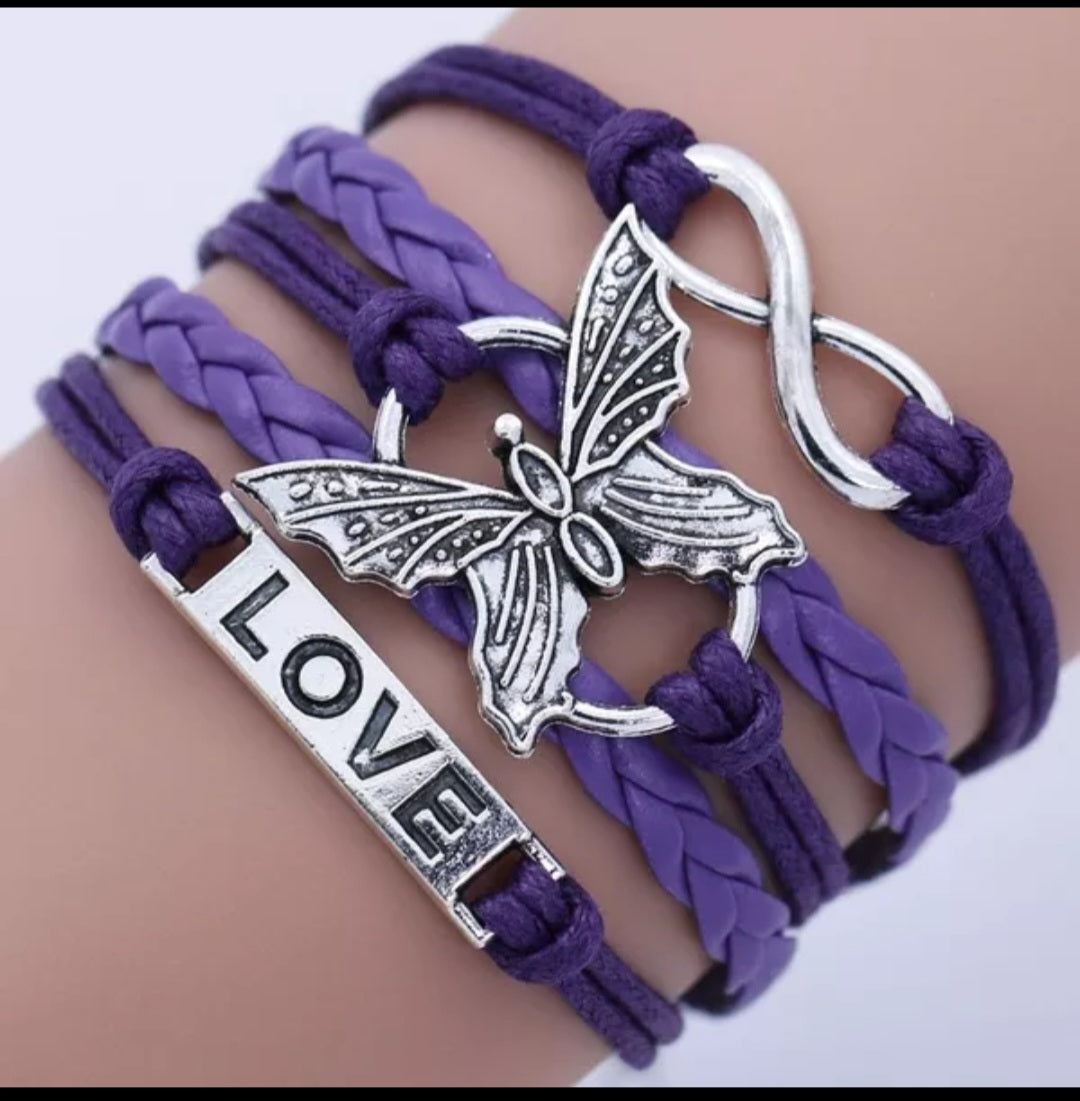 Purple Love, Infinity, Butterfly Handmade Leather Rope Charm Bracelet