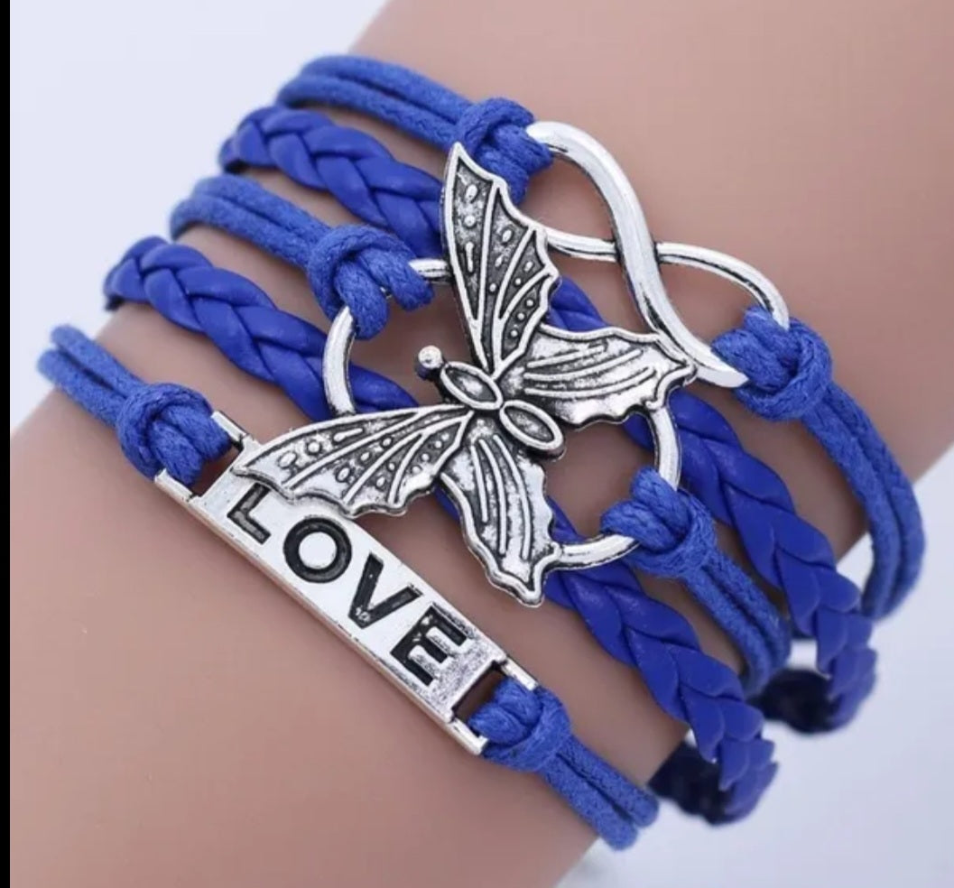 Purple Love, Infinity, Butterfly Handmade Leather Rope Charm Bracelet
