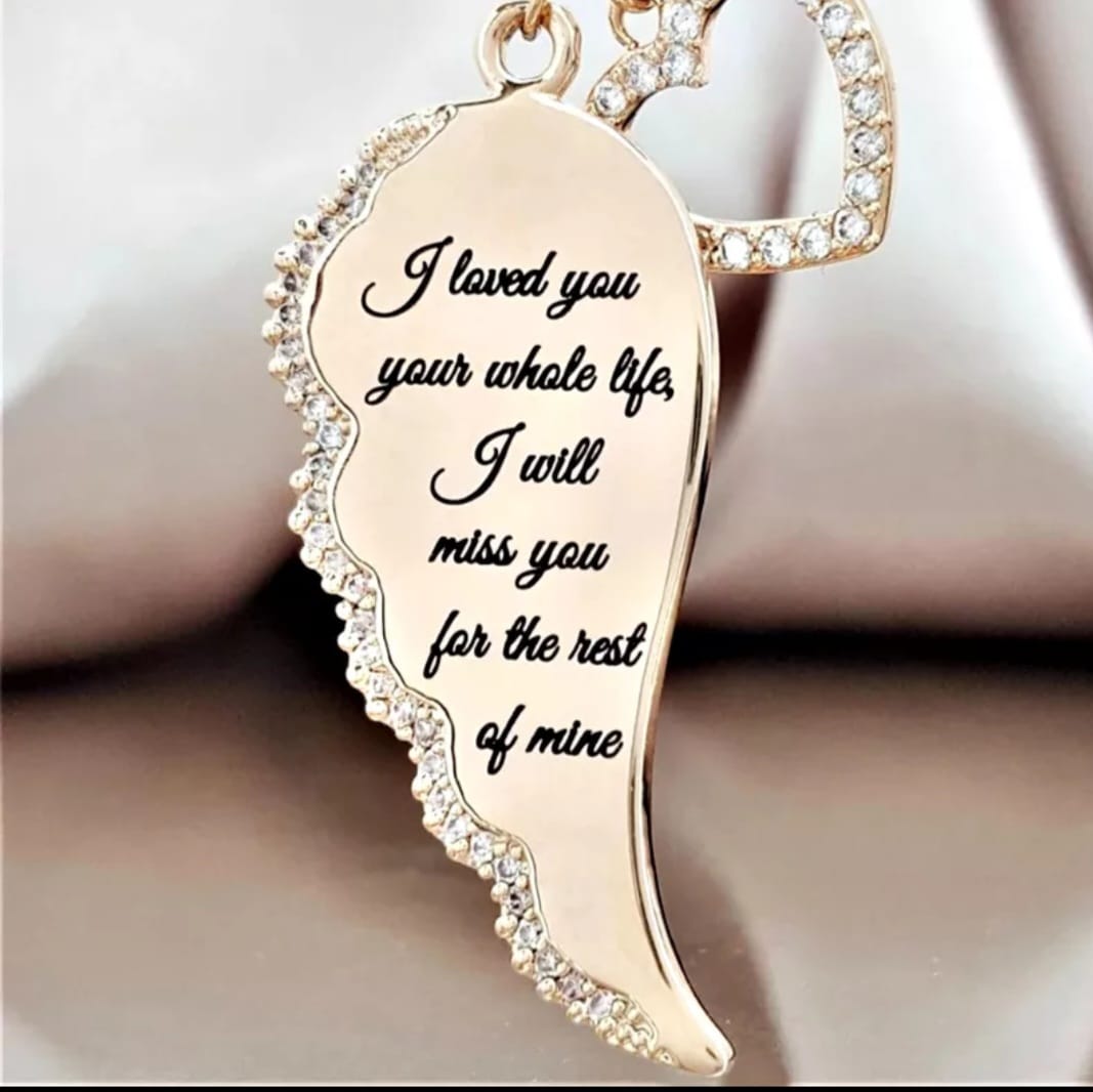 Zircon Gold tone or Silver tone Angel Wing w/ Dangling Heart Necklace and Inspiring Message
