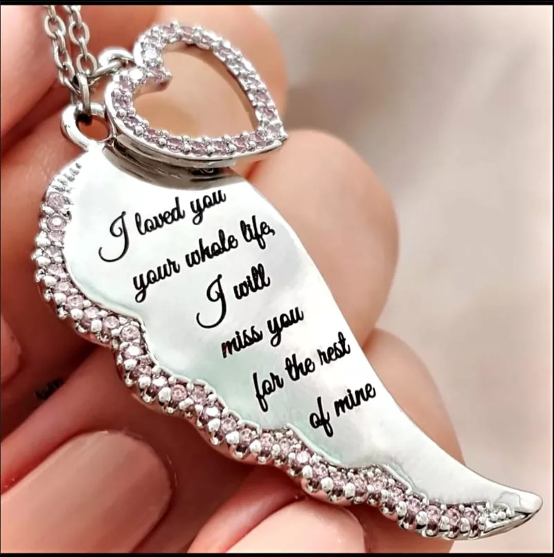Zircon Gold tone or Silver tone Angel Wing w/ Dangling Heart Necklace and Inspiring Message
