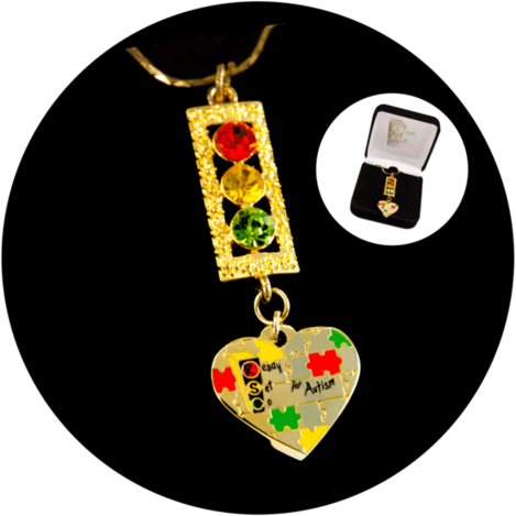 Ready Set Go Gold Tone Traffic Light Necklace with Autism Puzzle Piece Heart