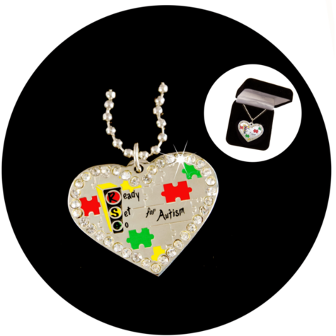 Ready Set Go Large Silver tone Autism Puzzle Piece Heart Necklace