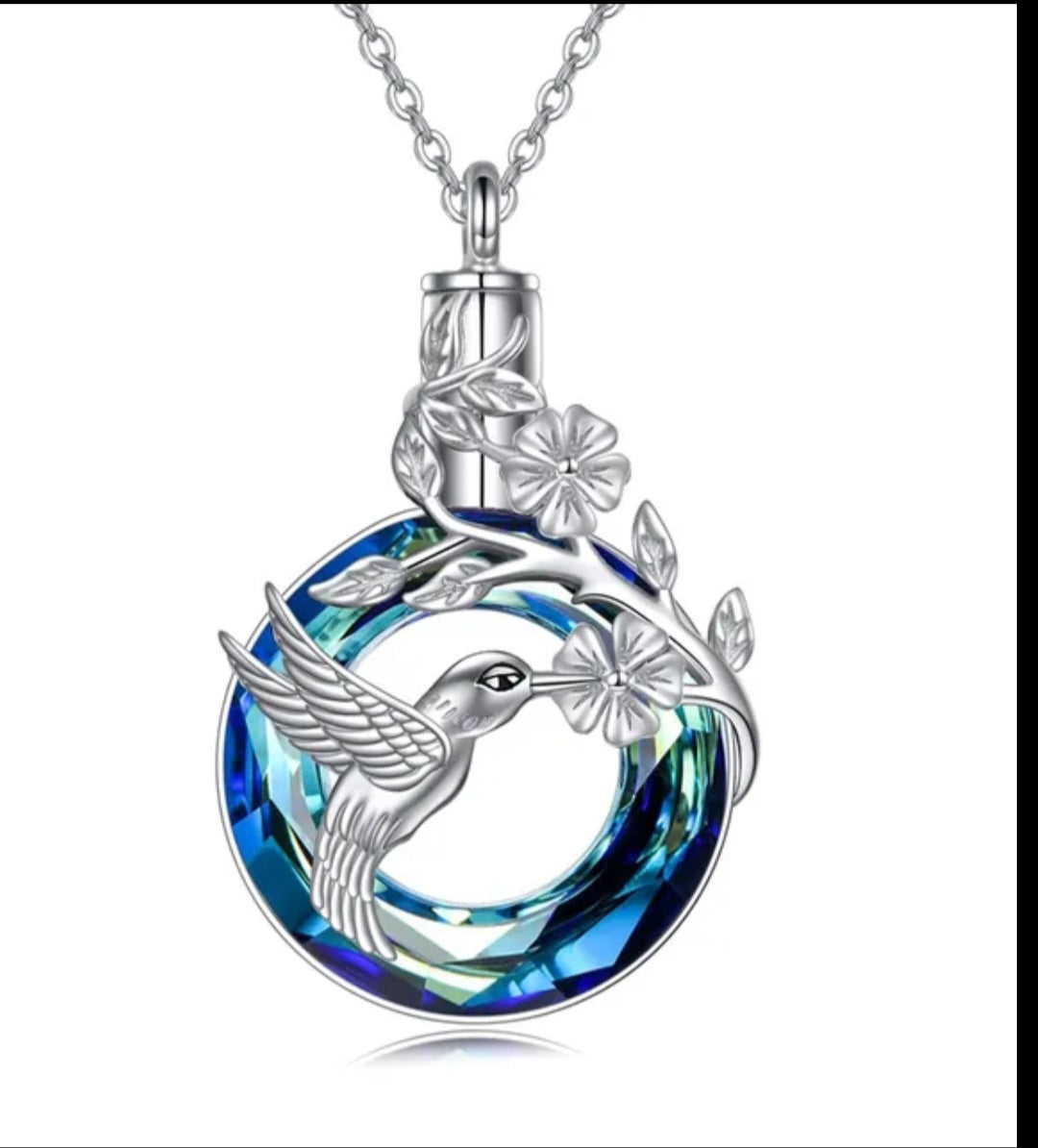 Round Memorial Urn Necklace with Flower & Hummingbird with Silver-tone Chain