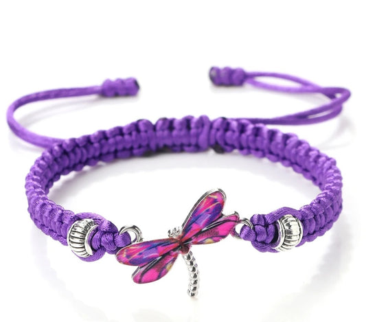 Purple Inspirational Dragonfly Charm Woven Thread Bracelet