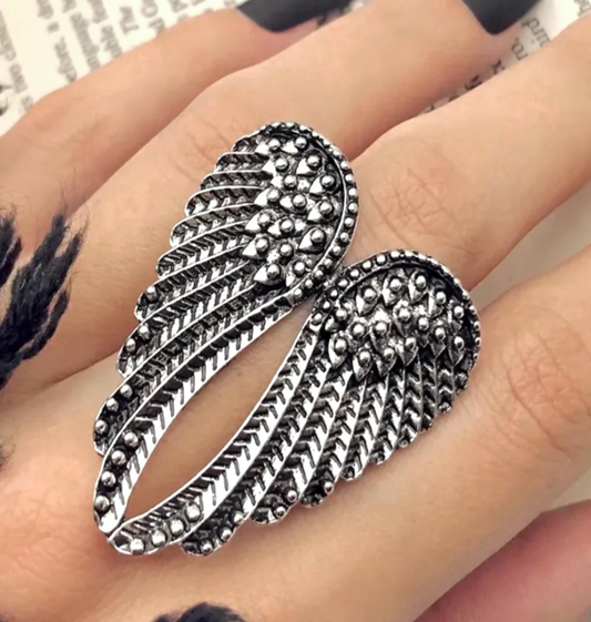 Elegant Large Silver Angel Wings Inspirational Ring