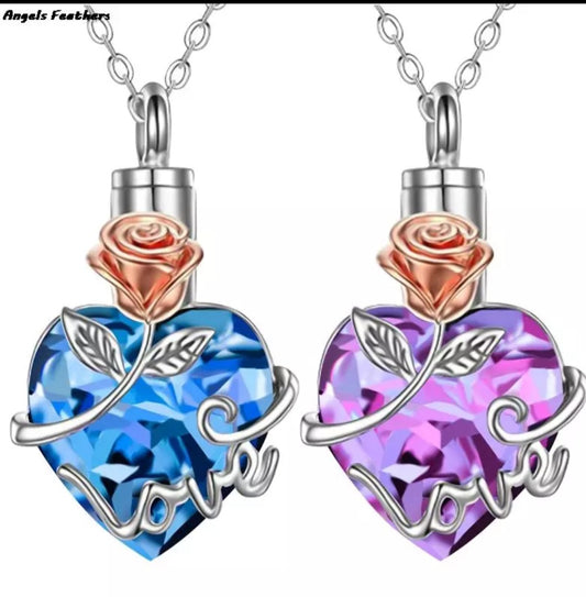 Elegant Heart Keepsake Rose Love Urn Necklace on 18" Silver Tone Necklace