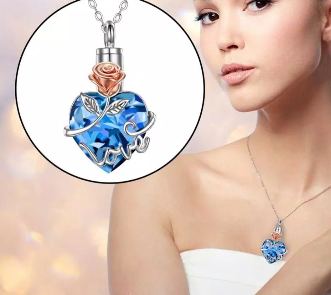 Crystal Sparkling Cremation Urn Keepsake Necklace with 18" Silver Tone Chain