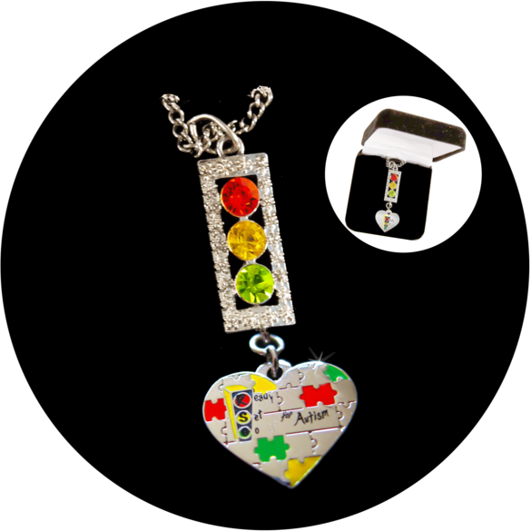 Ready Set Go Silver Tone Traffic Light Necklace with Autism Puzzle Piece Heart